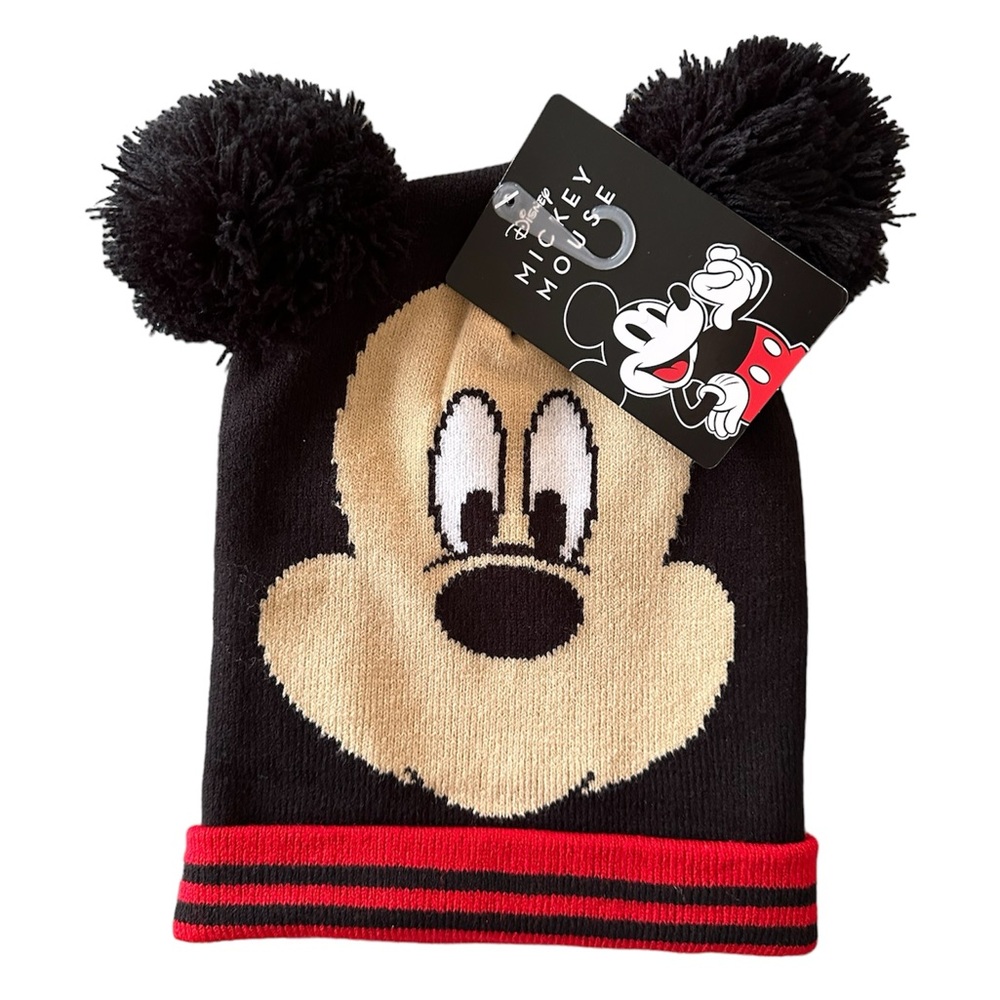 Disney Mickey Mouse Black, White, Red, and Beige Beanie Hat with Pom-Pom Ears